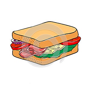 Tomato, ham, cheese and lettuce sandwich. illustration isolated on white