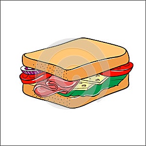 Tomato, ham, cheese and lettuce sandwich. illustration isolated on white background. Vector