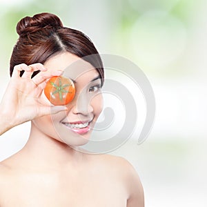 Tomato and happy woman smile for health concept