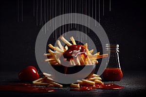Tomato Jam French Fries on Dork and Moody Background Front View AI Generative photo