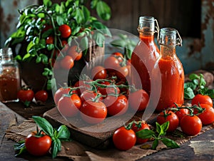 Tomato juice in bottle with fresh tomatoes and basil on wooden background Generative AI