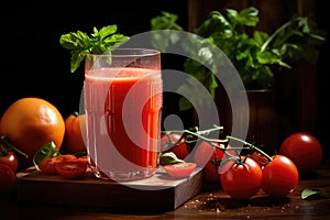 Tomato juice in a clear glass on a dark wooden table