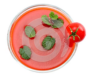 tomato juice isolated on white background. top view