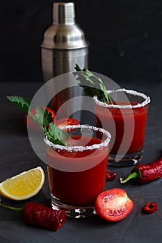 Tomato juice with salt. Bloody Mary cocktail with ingredients