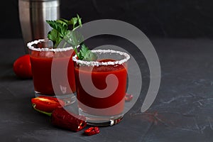 Tomato juice with salt. Bloody Mary cocktail with ingredients