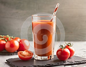 Tomato juice in a tall glass, paper straw, stone plate