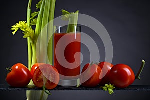 Tomato juice with tomatoes and celery sticks