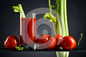 Tomato juice with tomatoes and celery sticks