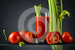 Tomato juice with tomatoes and celery sticks