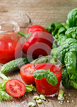 Tomato juice. Vegetable juices from tomatoes, cucumbers, peppers, celery, Basil