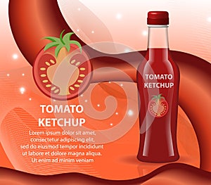 Tomato ketchup in a glass bottle, 3d realistic style. Papkrika red sauce, chili. Mock-up for your product design. Vector