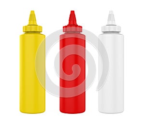 Tomato Ketchup, Mustard and Mayonnaise Bottles Isolated