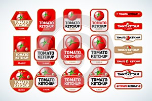 Tomato ketchup, sauce badge label design set. Vector hand drawn illustration of tomatoes in engraving technique.