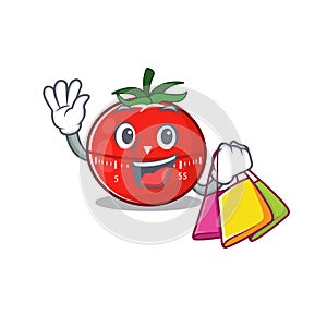 Tomato kitchen timer wealthy cartoon character concept with shopping bags