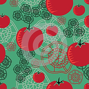 Tomato and Lace-Vegi Delight, seamless Repeat Pattern illustration.Background in red,green and black.