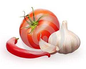 Tomato with leaf, garlic with clove and chili pepper vegetables