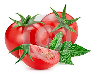 Tomato with leaves and slice isolated