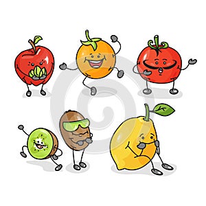 Tomato, lemon, orange, kiwi, apple. Vector flat cartoon icon with emotions