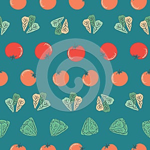 Tomato and Lettuce-Vegi Delight, seamless Repeat Pattern illustration.Background in red,green,orange and turquoise