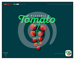 Tomato logo. Italian pizzeria emblem. Letters and ripe cherry tomatoes. Identity, app icon.