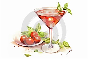 Tomato martini in a glass and tomatoes in a plate on a white isolated background, watercolor illustration