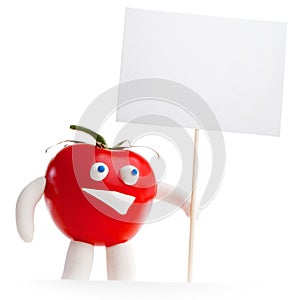 Tomato mascot holding blank card
