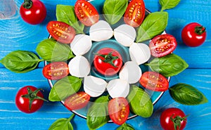 Tomato and mozzarella with basil leaves on a plate. Caprese salad