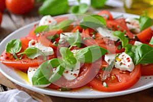 Tomato and mozzarella Caprese salad with fresh basil and olive oil