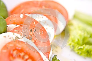 Tomato and mozzarella cheese with green basil and salad