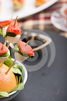 Tomato mozzarella skewer and other freh finger food.