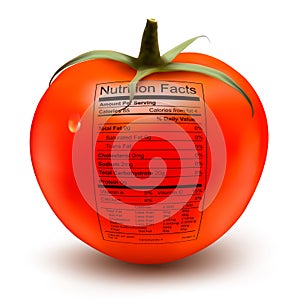 Tomato with a nutrition facts label.