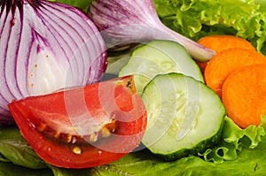 Tomato, onion, garlic, cucumber and carrots on lettuce leaves