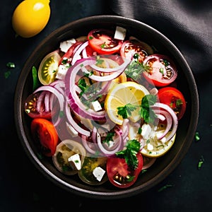 Tomato and onion salad with tzatziki served in a bowl