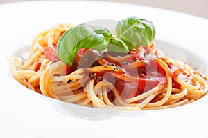 Tomato pasta spaghetti with fresh tomatoes, basil, italian herbs and olive oil in a white bowl