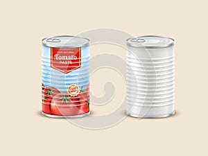 Tomato paste packaging. Sauce can for 3D picnic label. Tin mockup. Red vegetable food. Shop merchandise. Ketchup package