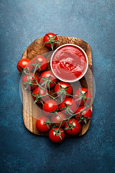 Tomato paste, sauce, ketchup and cherry tomatoes on branches, top view