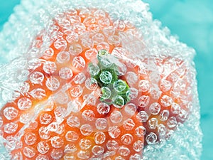 Tomato in plastic package on turquoise