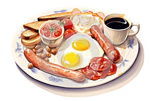 Tomato plate english breakfast bacon toast meat meal sausage background white egg fry food