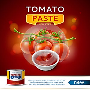 Tomato product poster. Realistic tin can with vegetable paste, preserved red sauce, fresh 3d fruits on twig, natural photo