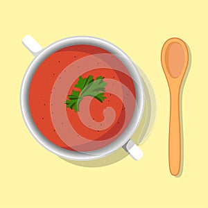 Tomato puree soup bowl with parsley healthy diet meal on plate. Vector illustration. Simple flat stock image. Hot vegetable cream