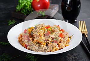 Tomato rice with vegetables and chicken. Healthy food. Healthy lifestyl photo