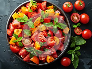 Tomato salad with basil and pepper in a bowl on a dark background, top view.