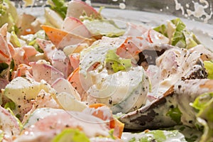 Tomato salad with cucumber radish salad with mayonnaise and black pepper