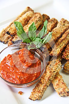 Tomato sauce with eggplant fries vertical