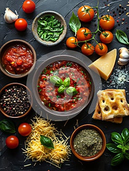Tomato sauce and ingredients for homemade pizza on dark background