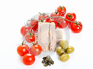 Tomato sauce ingredients, olives and tuna