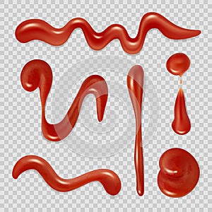 Tomato sauce. Red ketchup pasta splashes flow spread liquid sauce 3d realistic decent vector illustrations isolated