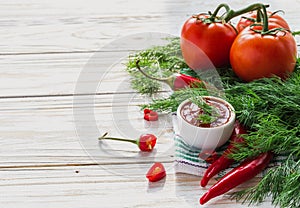 Tomato sauce salsa, hot chili, dill, tomatoes and basil