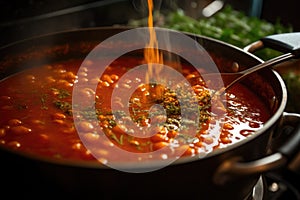 tomato sauce simmering in a pot, close-up