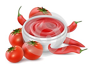 Tomato sauce vector. Realistic red chili sauce, tomatoes and hot peppers isolated on white background